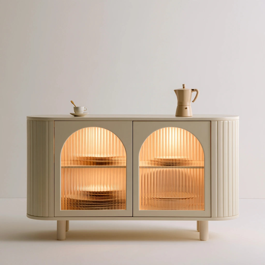Credenza contenitore con elementi in vetro, colore crema