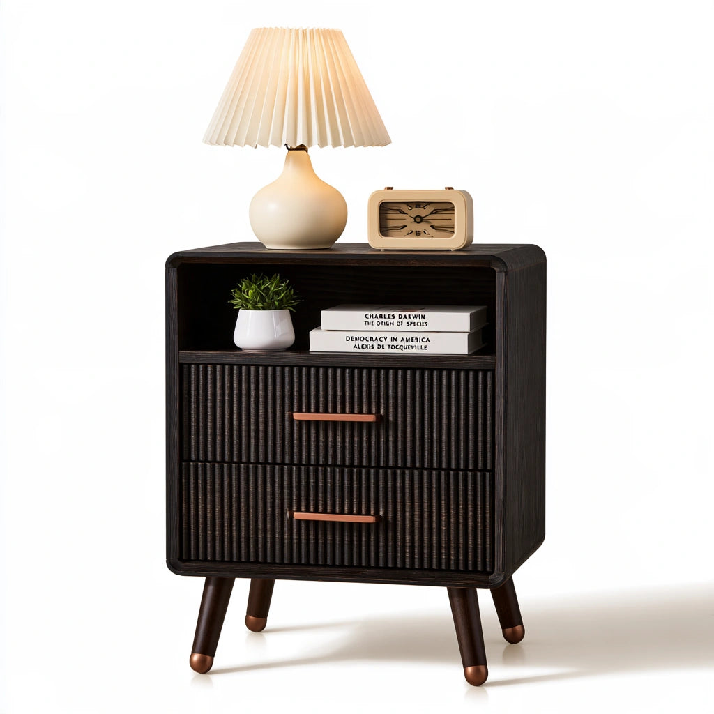 Comodino in legno, colore marrone scuro e nero