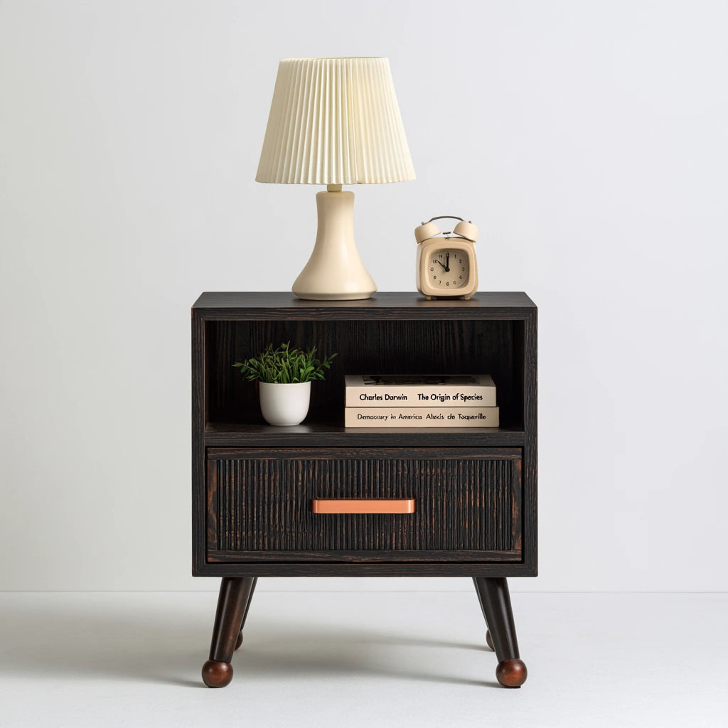 Comodino in legno, colore marrone scuro e nero