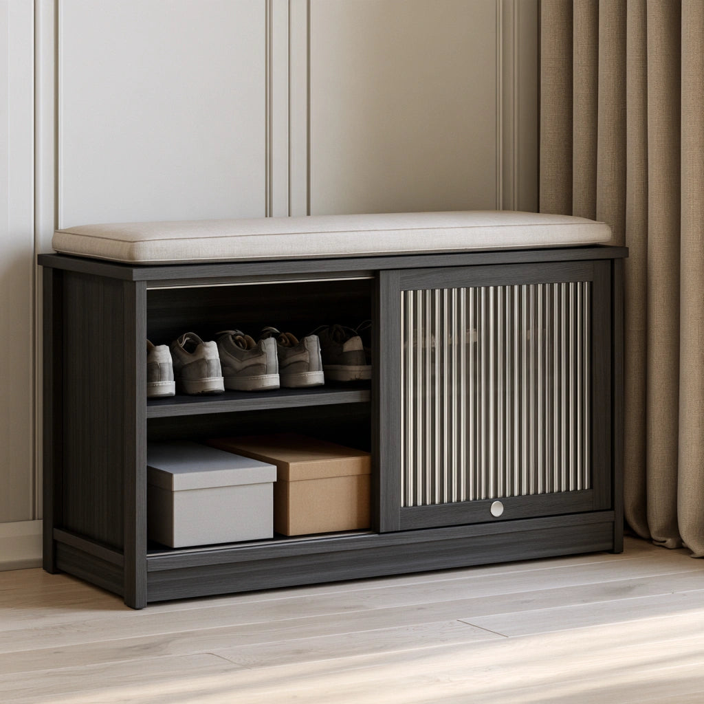 Panca portascarpe con contenitore in legno, colore grigio scuro